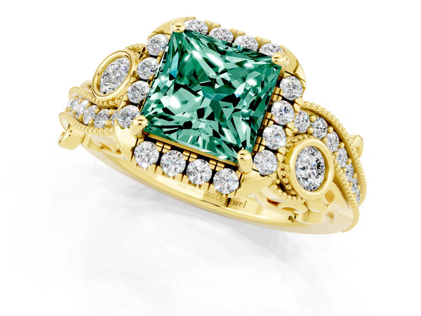 Yellow gold Princess Cut Green Sapphire Halo Ring with Milgrain Pavé Band and Four-Prong Setting