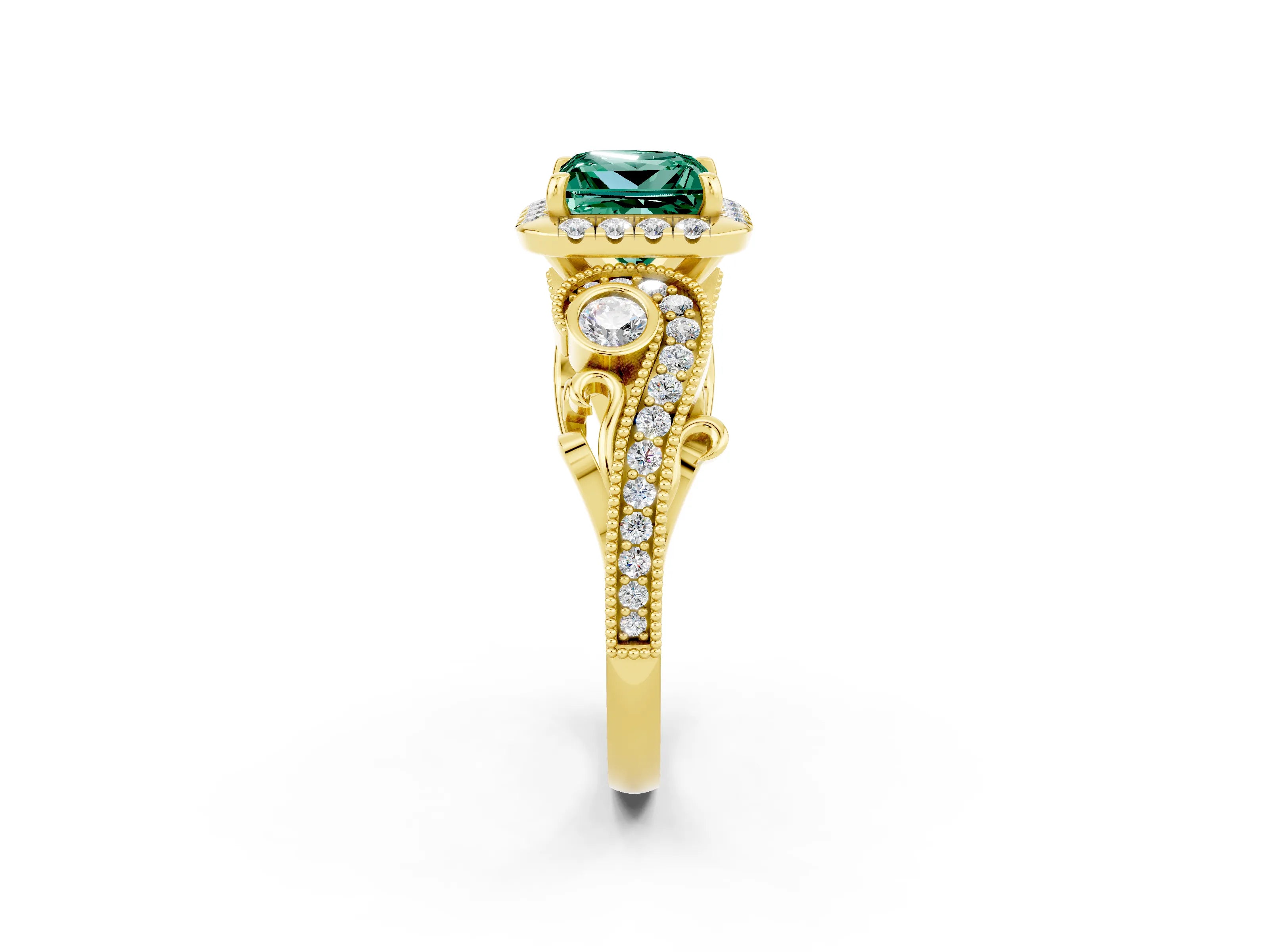 Yellow gold Princess Cut Green Sapphire Halo Ring with Milgrain Pavé Band and Four-Prong Setting_14