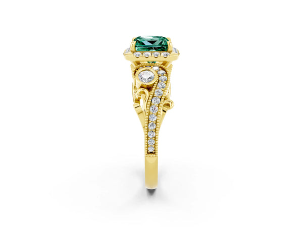 Yellow gold Princess Cut Green Sapphire Halo Ring with Milgrain Pavé Band and Four-Prong Setting