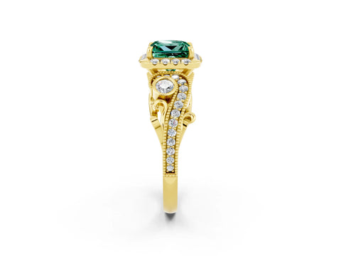 Yellow gold Princess Cut Green Sapphire Halo Ring with Milgrain Pavé Band and Four-Prong Setting_14