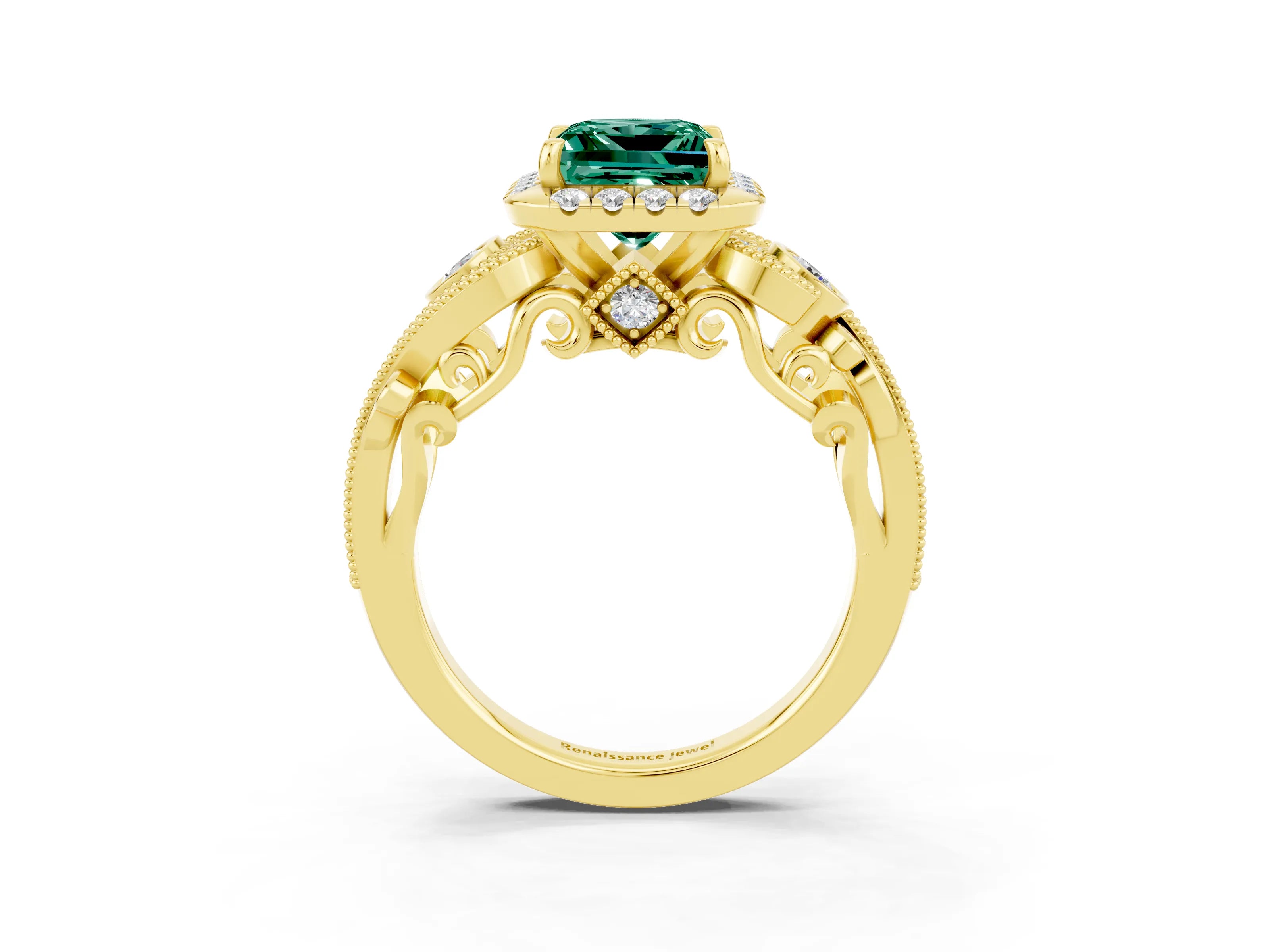 Yellow gold Princess Cut Green Sapphire Halo Ring with Milgrain Pavé Band and Four-Prong Setting_15
