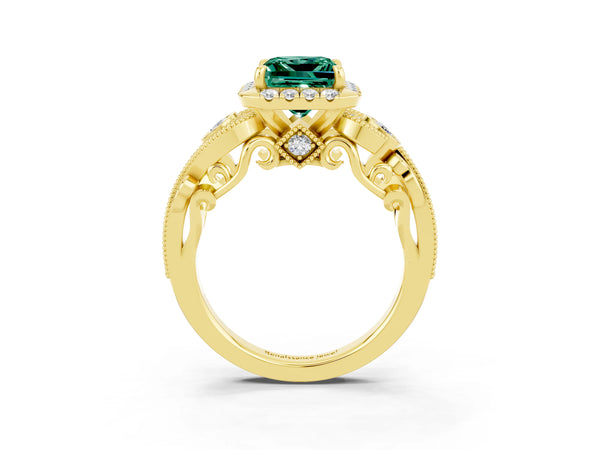 Yellow gold Princess Cut Green Sapphire Halo Ring with Milgrain Pavé Band and Four-Prong Setting