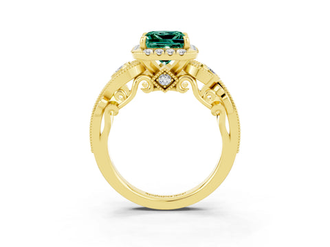 Yellow gold Princess Cut Green Sapphire Halo Ring with Milgrain Pavé Band and Four-Prong Setting_15