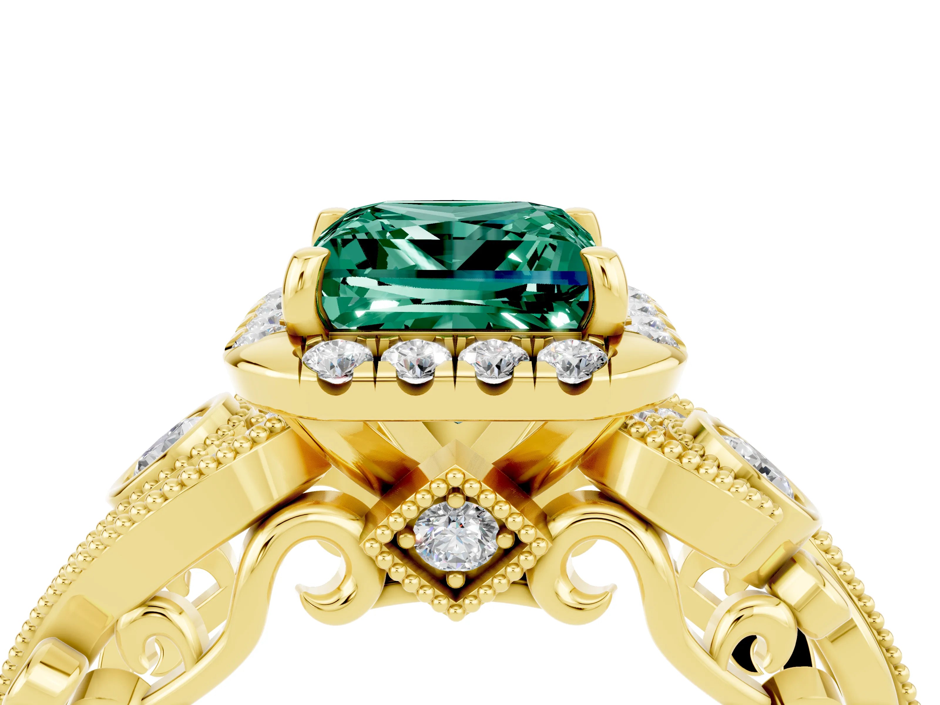 Yellow gold Princess Cut Green Sapphire Halo Ring with Milgrain Pavé Band and Four-Prong Setting_16