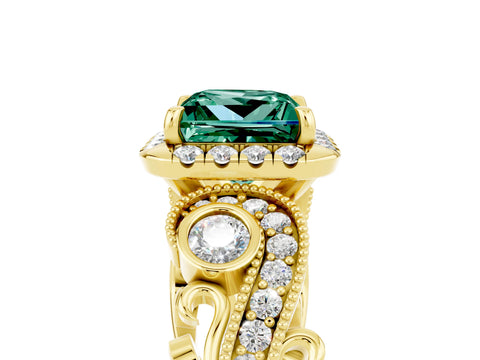 Yellow gold Princess Cut Green Sapphire Halo Ring with Milgrain Pavé Band and Four-Prong Setting_17
