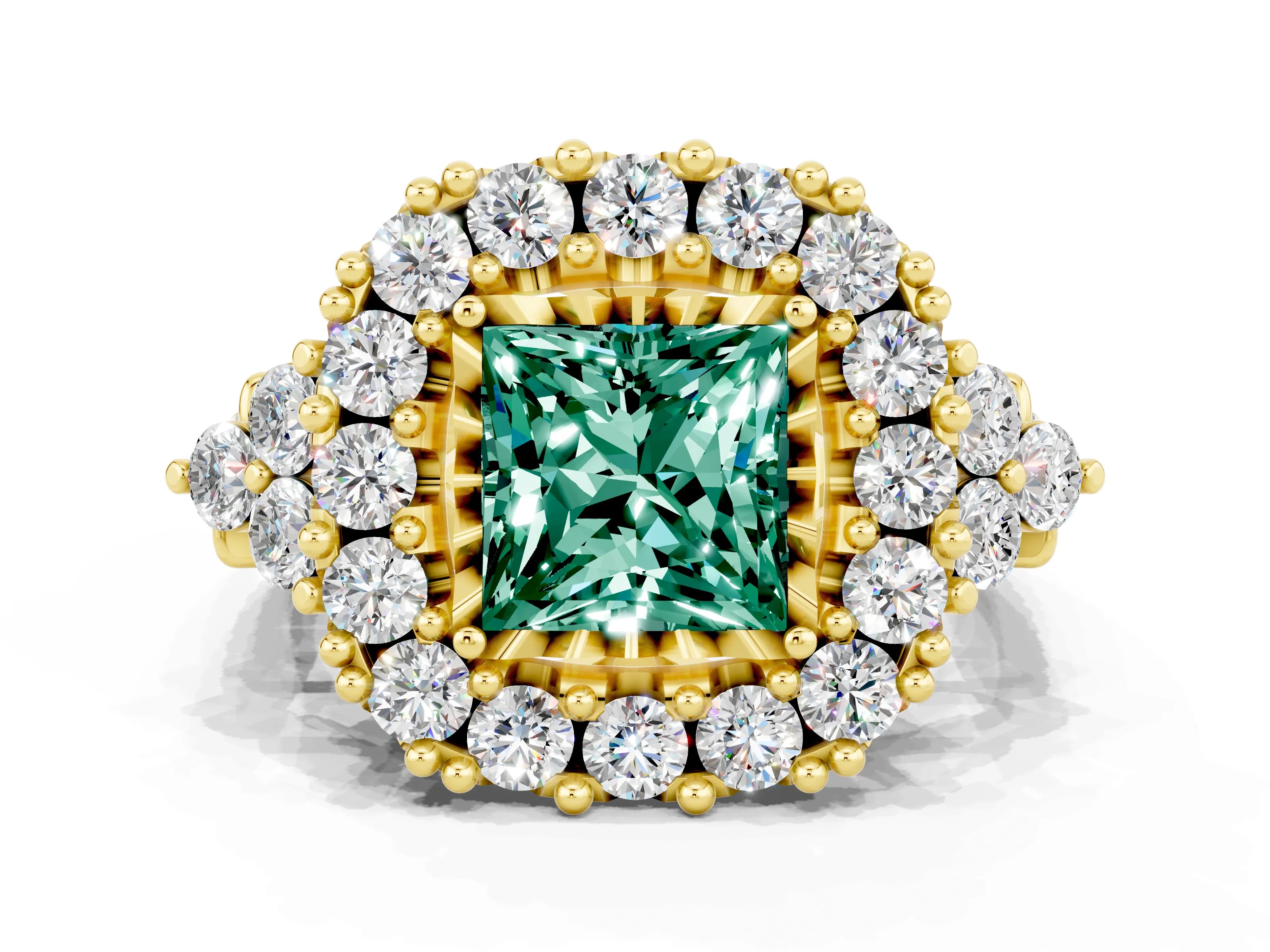 Yellow gold Princess Cut Green Sapphire Halo Ring with Pavé Band and Four-Prong Setting_12
