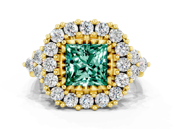 Yellow gold Princess Cut Green Sapphire Halo Ring with Pavé Band and Four-Prong Setting