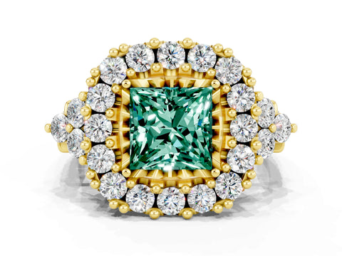 Yellow gold Princess Cut Green Sapphire Halo Ring with Pavé Band and Four-Prong Setting_12