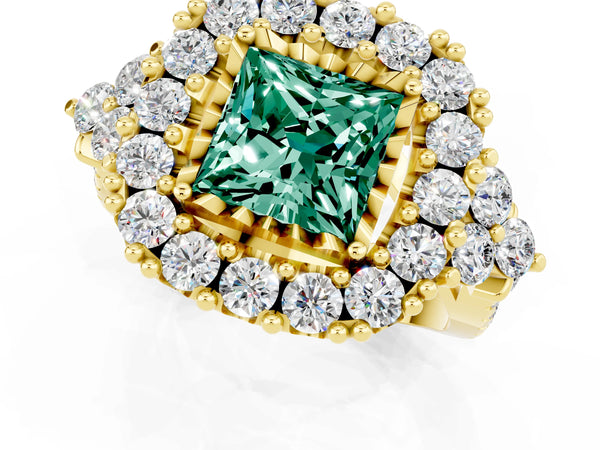 Yellow gold Princess Cut Green Sapphire Halo Ring with Pavé Band and Four-Prong Setting