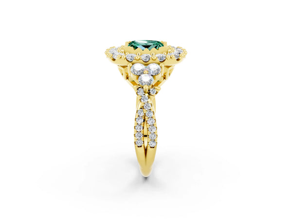 Yellow gold Princess Cut Green Sapphire Halo Ring with Pavé Band and Four-Prong Setting