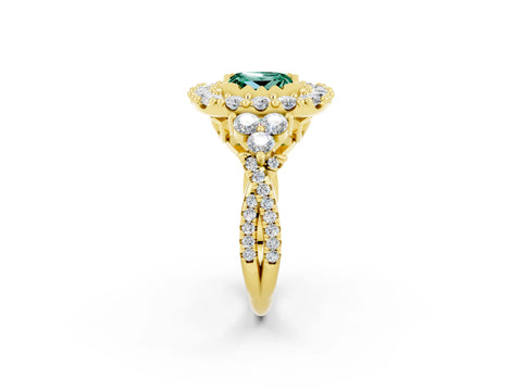 Yellow gold Princess Cut Green Sapphire Halo Ring with Pavé Band and Four-Prong Setting_14