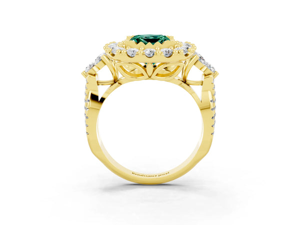 Yellow gold Princess Cut Green Sapphire Halo Ring with Pavé Band and Four-Prong Setting