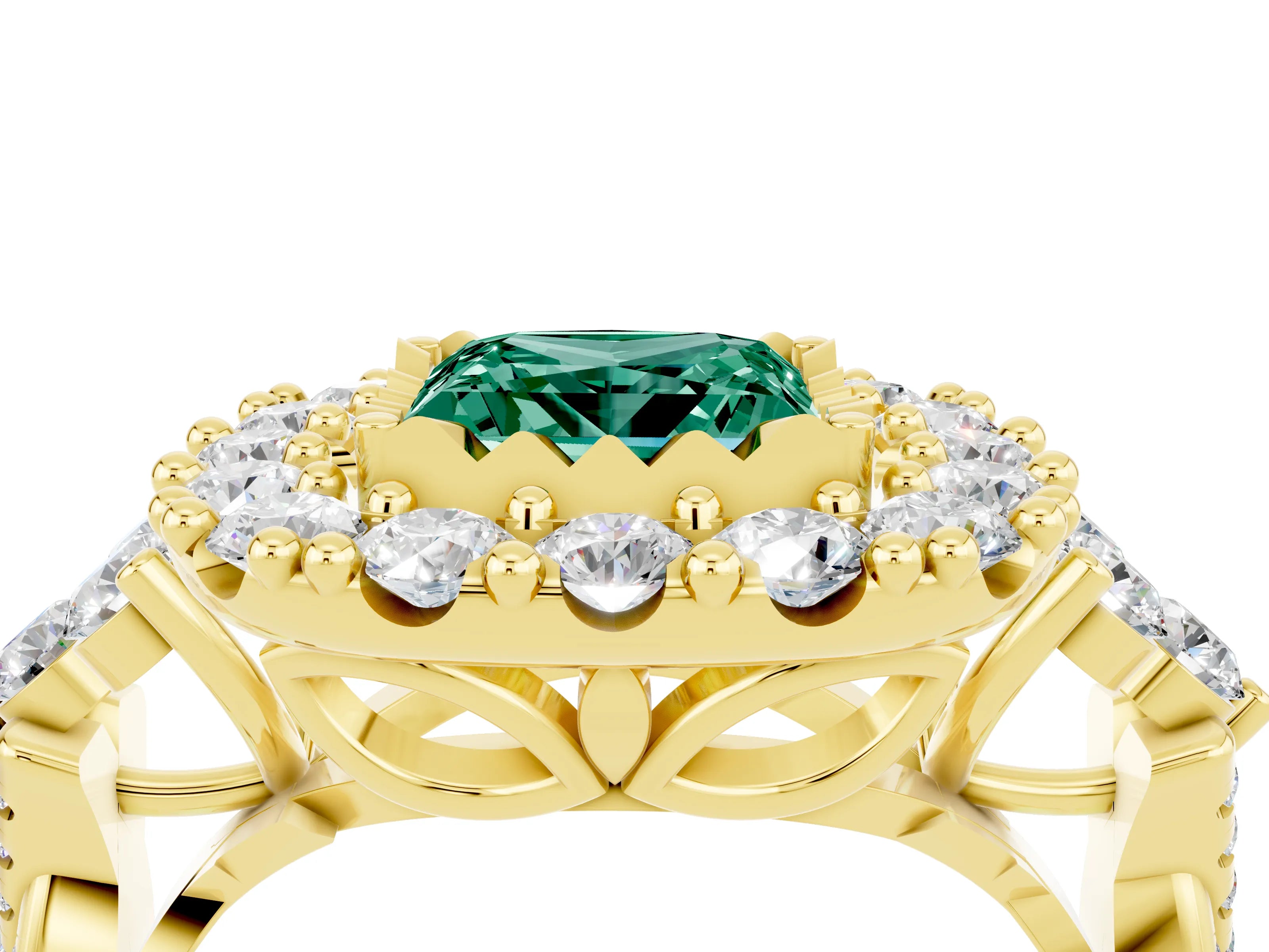 Yellow gold Princess Cut Green Sapphire Halo Ring with Pavé Band and Four-Prong Setting_16