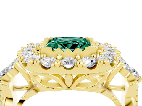 Yellow gold Princess Cut Green Sapphire Halo Ring with Pavé Band and Four-Prong Setting_16