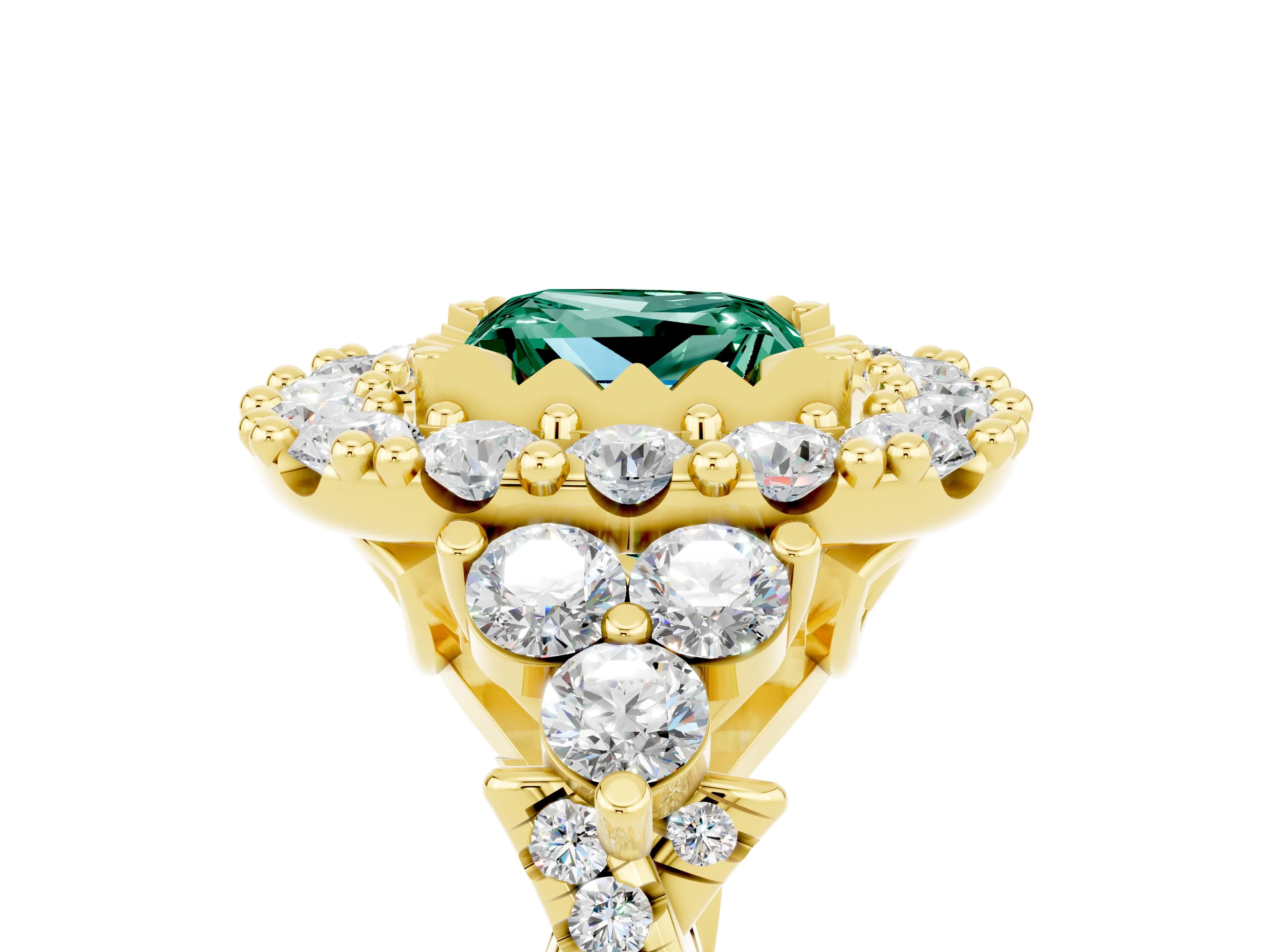 Yellow gold Princess Cut Green Sapphire Halo Ring with Pavé Band and Four-Prong Setting_17