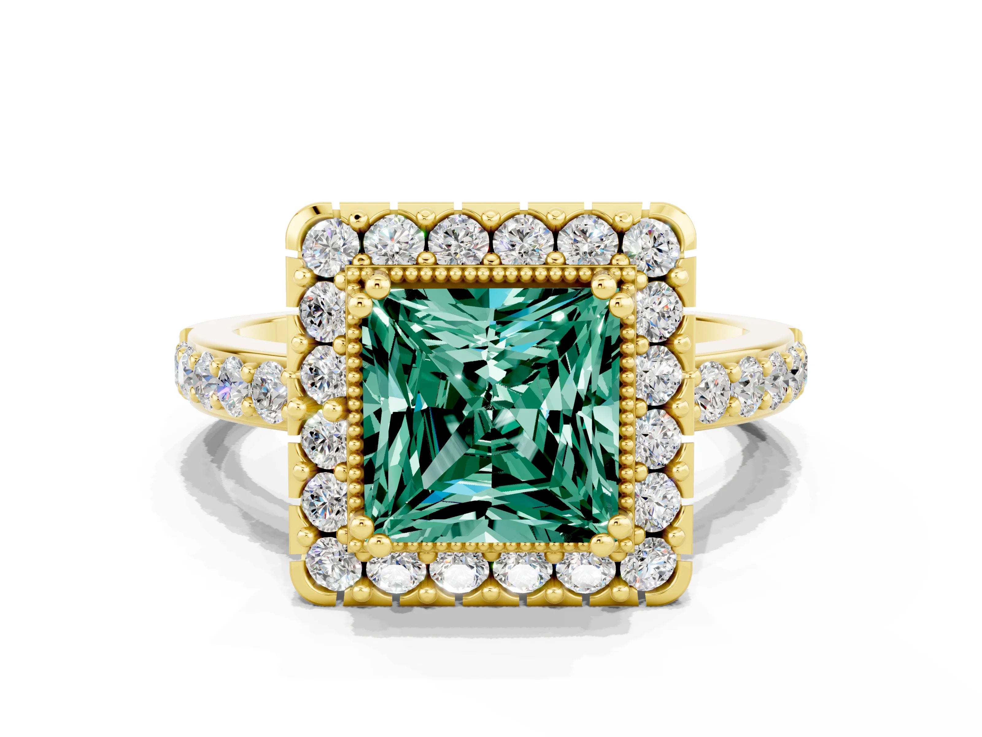 Yellow gold Princess Cut Green Sapphire Halo Ring with Pavé Band and Prong Setting