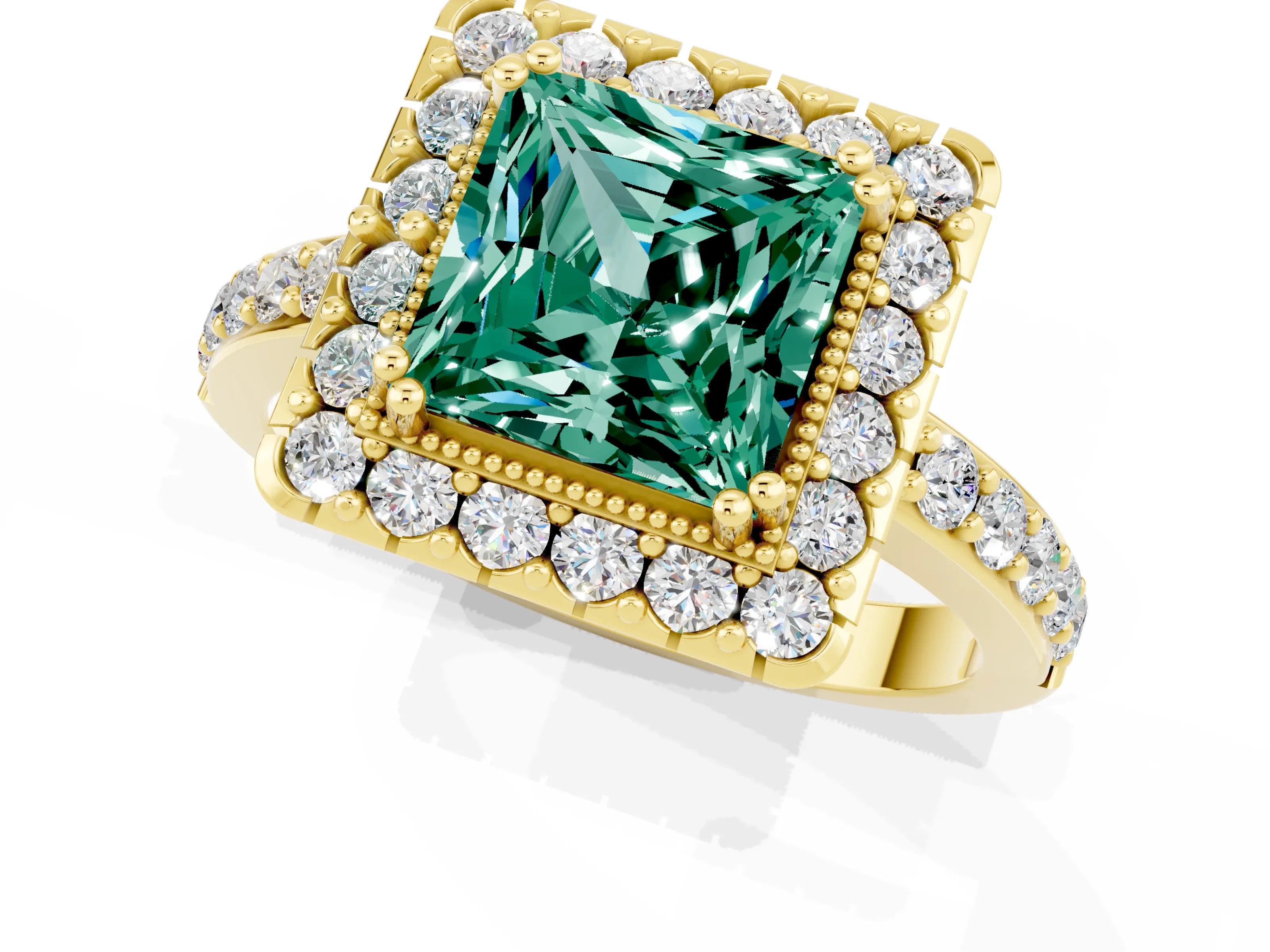 Yellow gold Princess Cut Green Sapphire Halo Ring with Pavé Band and Prong Setting_1