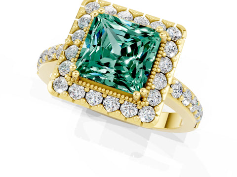 Yellow gold Princess Cut Green Sapphire Halo Ring with Pavé Band and Prong Setting_1