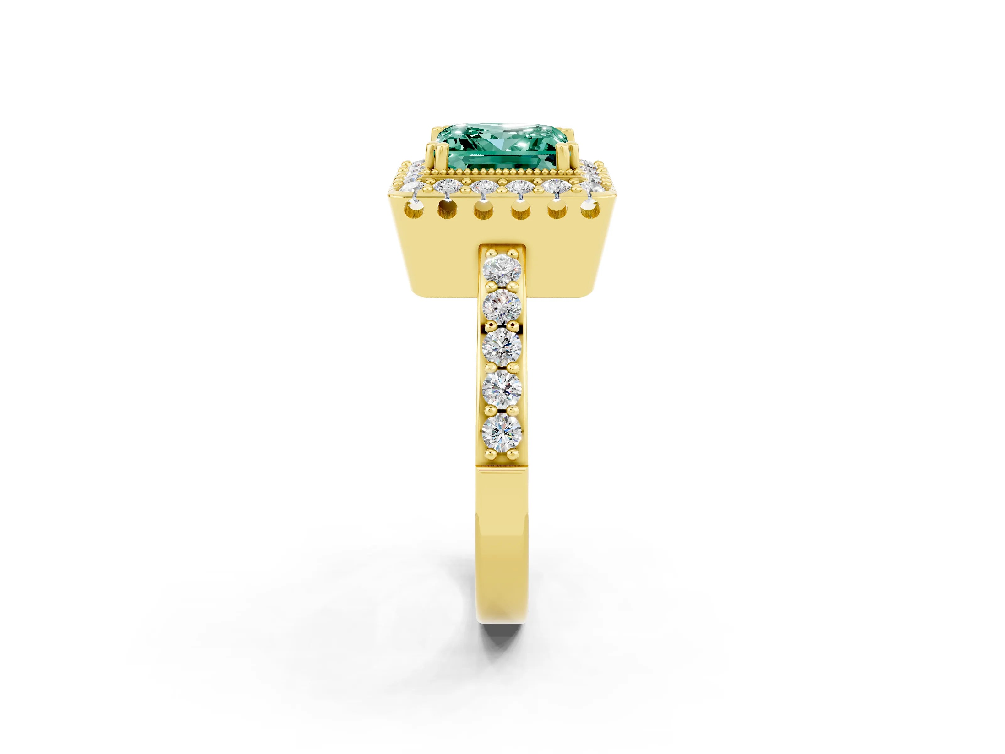 Yellow gold Princess Cut Green Sapphire Halo Ring with Pavé Band and Prong Setting_2