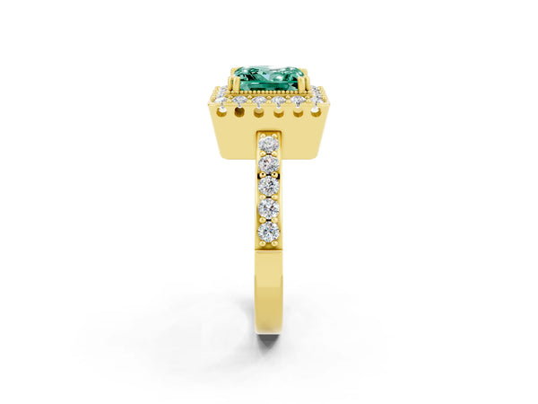 Yellow gold Princess Cut Green Sapphire Halo Ring with Pavé Band and Prong Setting
