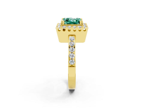 Yellow gold Princess Cut Green Sapphire Halo Ring with Pavé Band and Prong Setting_2