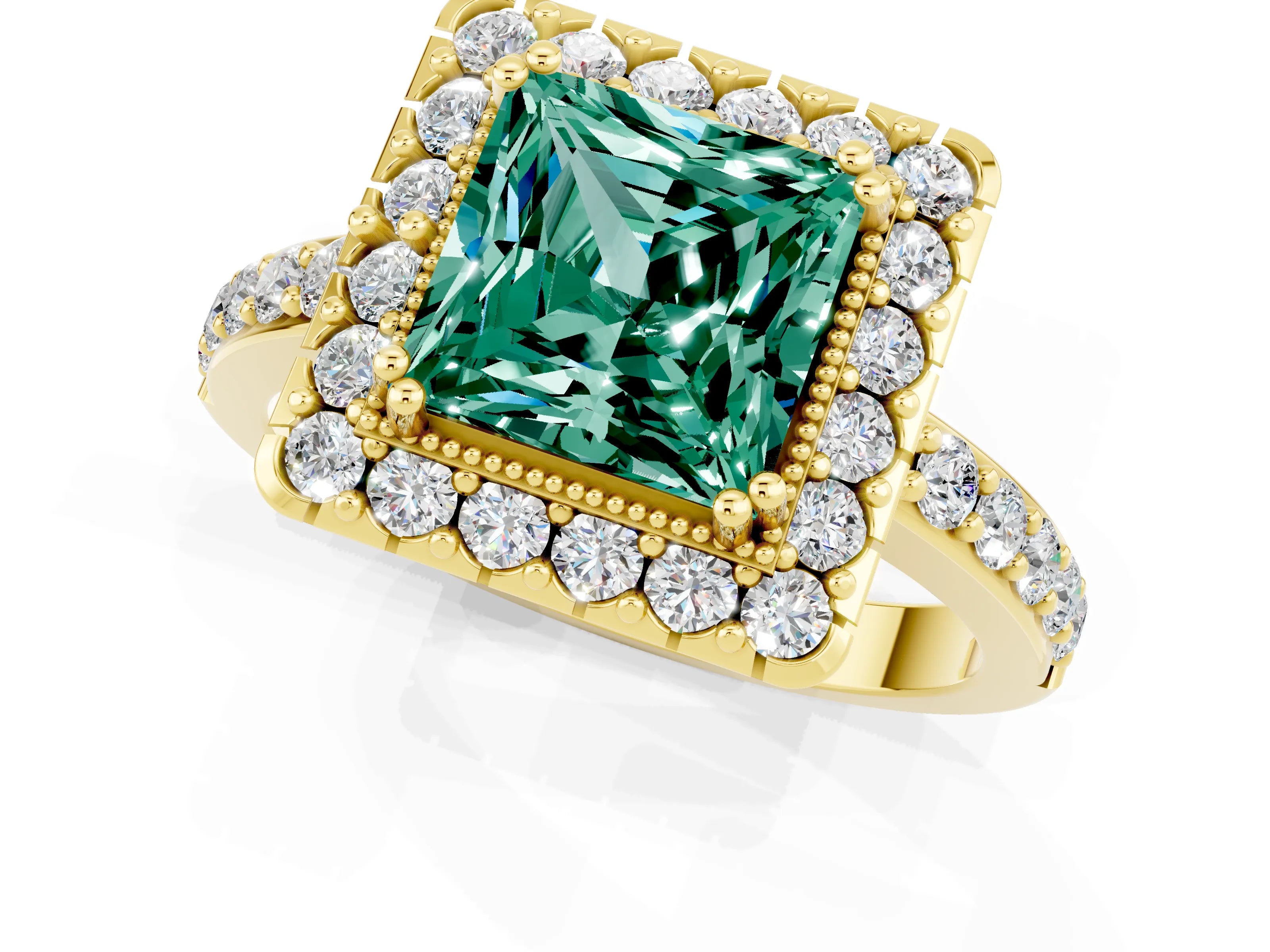 Yellow gold Princess Cut Green Sapphire Halo Ring with Pavé Band and Prong Setting_3