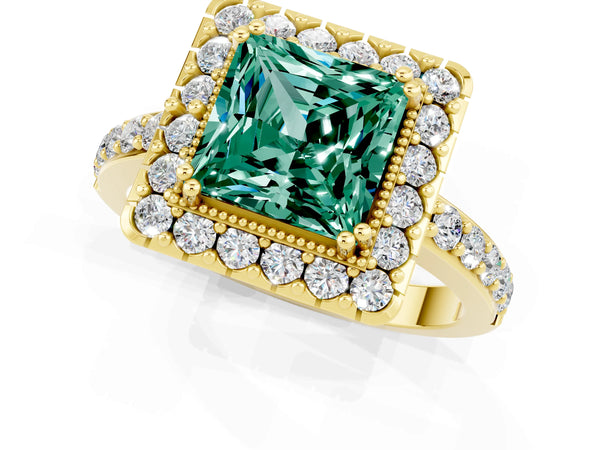 Yellow gold Princess Cut Green Sapphire Halo Ring with Pavé Band and Prong Setting