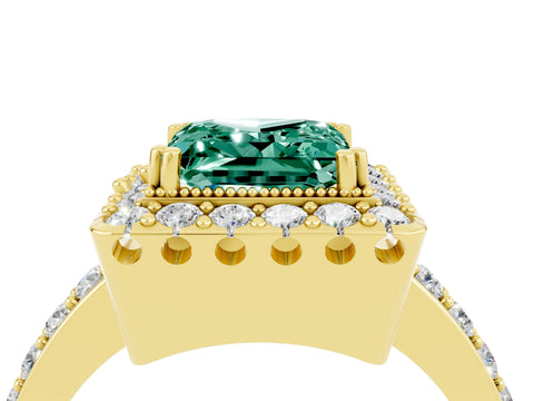 Yellow gold Princess Cut Green Sapphire Halo Ring with Pavé Band and Prong Setting_4
