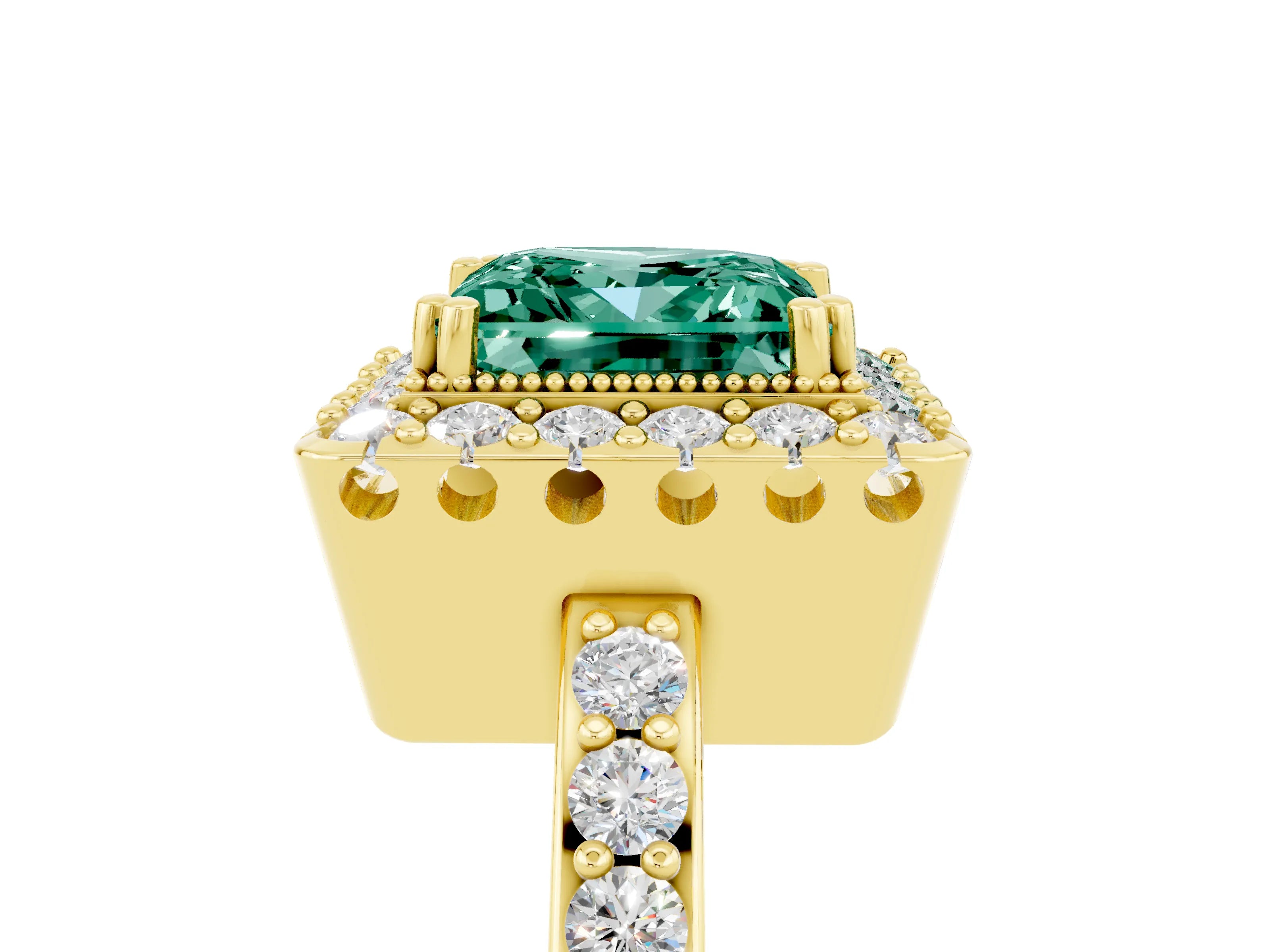 Yellow gold Princess Cut Green Sapphire Halo Ring with Pavé Band and Prong Setting_5