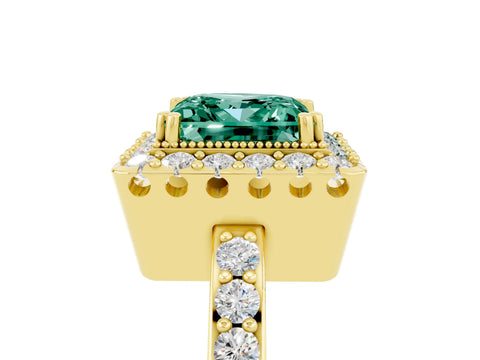 Yellow gold Princess Cut Green Sapphire Halo Ring with Pavé Band and Prong Setting_5
