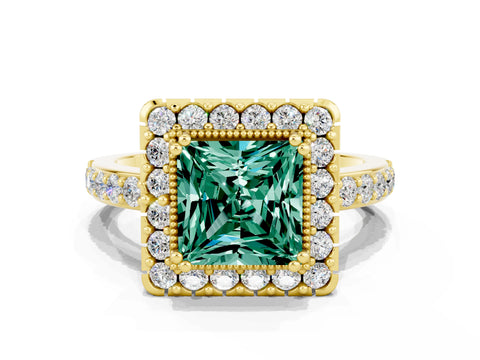 Yellow gold Princess Cut Green Sapphire Halo Ring with Pavé Band and Prong Setting