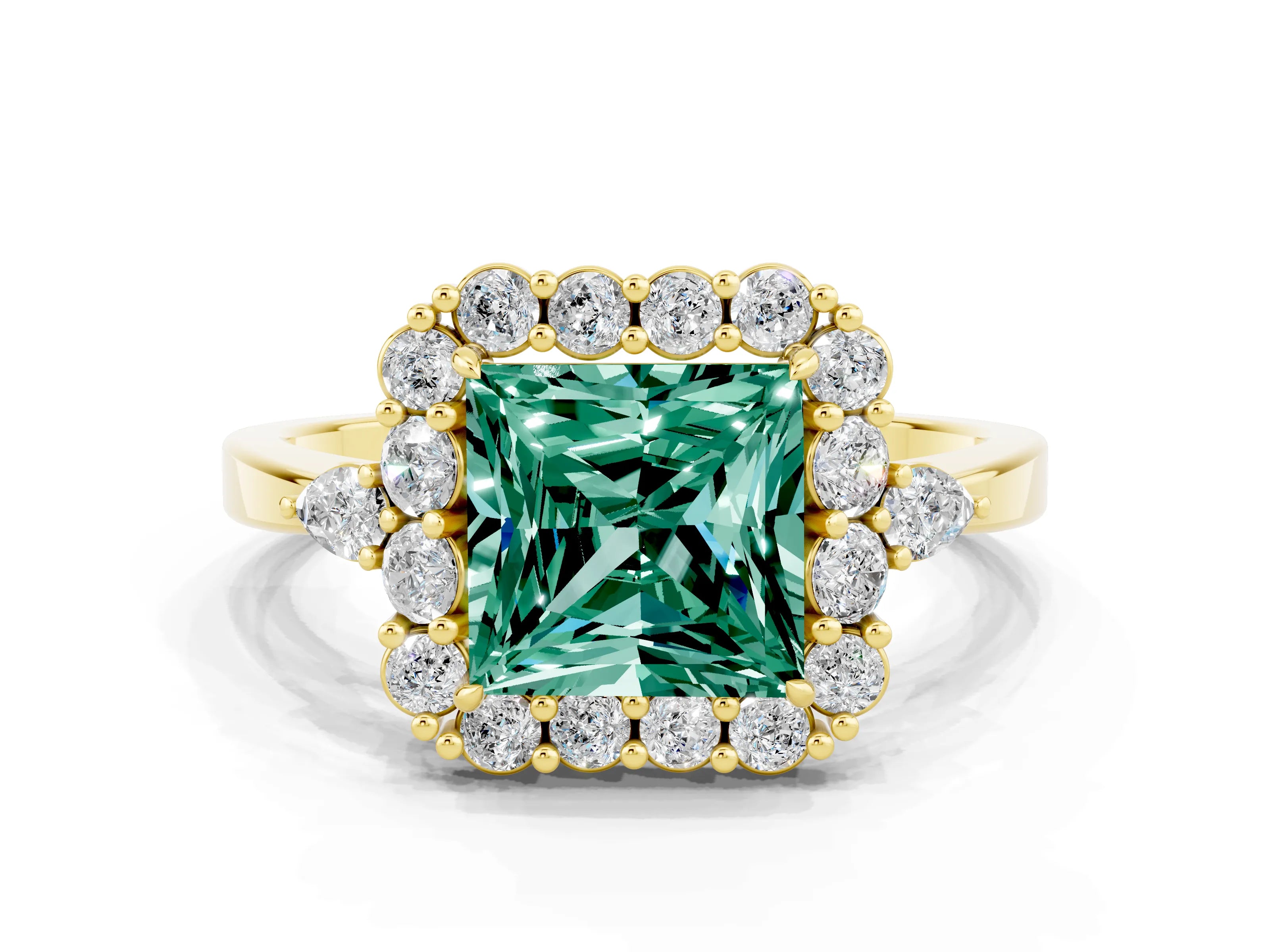 Yellow gold Princess Cut Green Sapphire Halo Ring with Pear Side Stones and Prong Setting_12