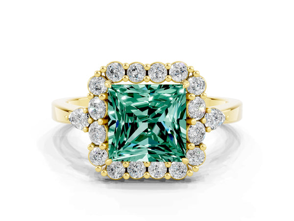 Yellow gold Princess Cut Green Sapphire Halo Ring with Pear Side Stones and Prong Setting
