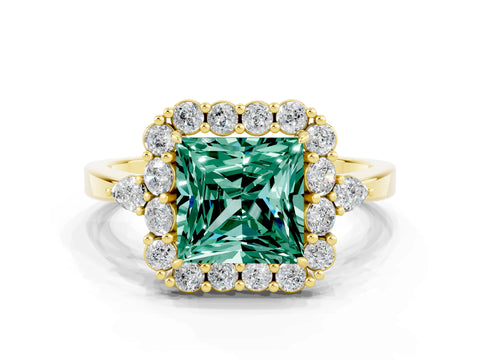 Yellow gold Princess Cut Green Sapphire Halo Ring with Pear Side Stones and Prong Setting_12