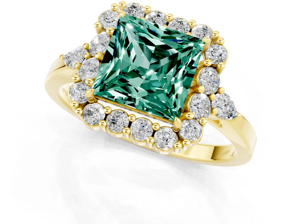 Yellow gold Princess Cut Green Sapphire Halo Ring with Pear Side Stones and Prong Setting