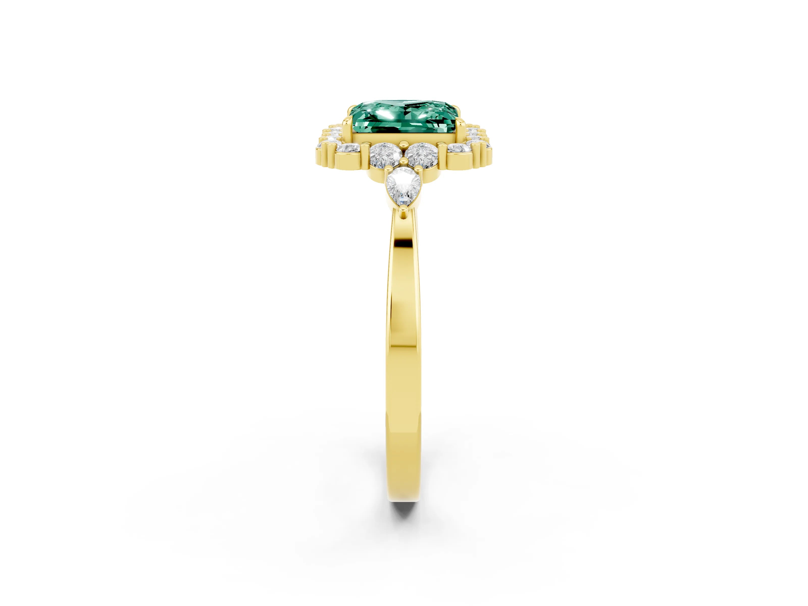 Yellow gold Princess Cut Green Sapphire Halo Ring with Pear Side Stones and Prong Setting_14