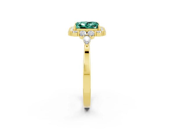 Yellow gold Princess Cut Green Sapphire Halo Ring with Pear Side Stones and Prong Setting