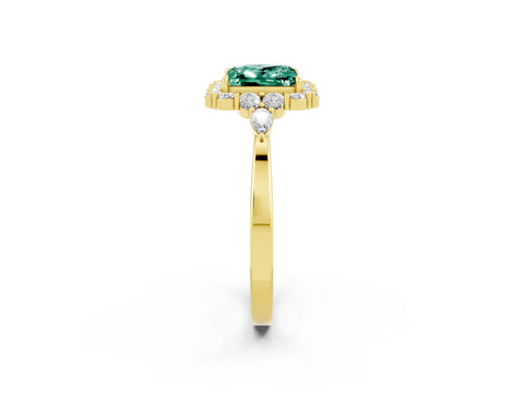 Yellow gold Princess Cut Green Sapphire Halo Ring with Pear Side Stones and Prong Setting_14