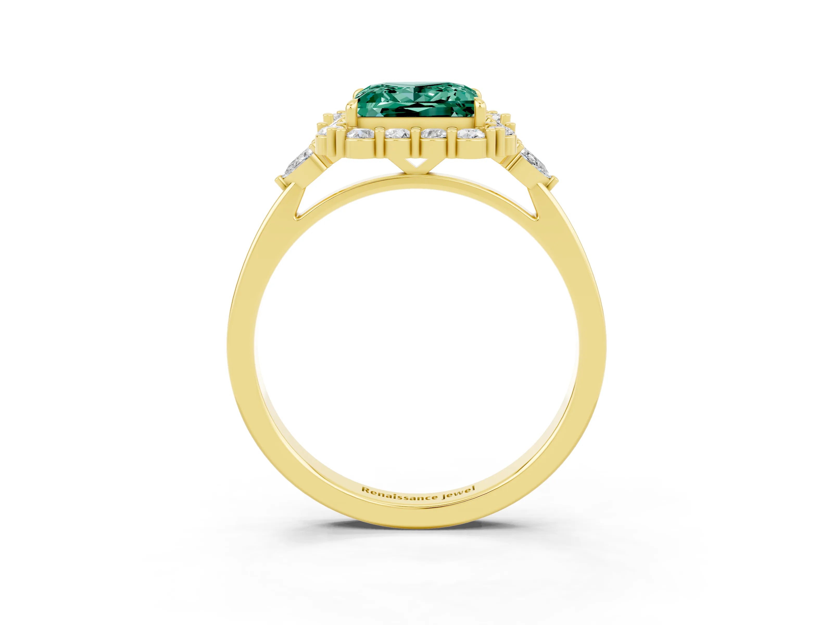 Yellow gold Princess Cut Green Sapphire Halo Ring with Pear Side Stones and Prong Setting_15