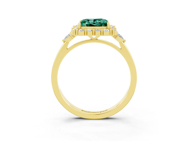 Yellow gold Princess Cut Green Sapphire Halo Ring with Pear Side Stones and Prong Setting