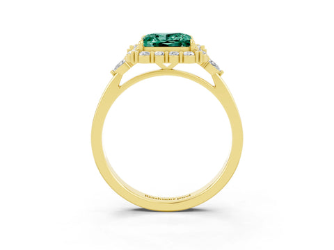 Yellow gold Princess Cut Green Sapphire Halo Ring with Pear Side Stones and Prong Setting_15