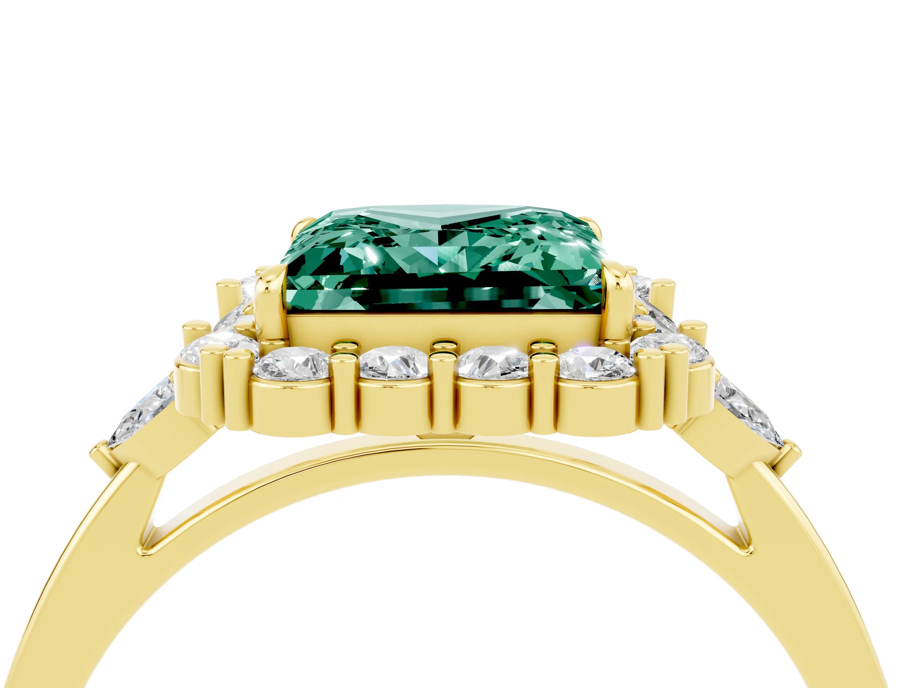 Yellow gold Princess Cut Green Sapphire Halo Ring with Pear Side Stones and Prong Setting_16