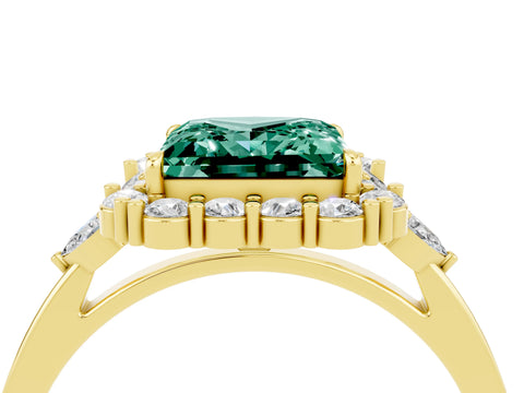 Yellow gold Princess Cut Green Sapphire Halo Ring with Pear Side Stones and Prong Setting_16