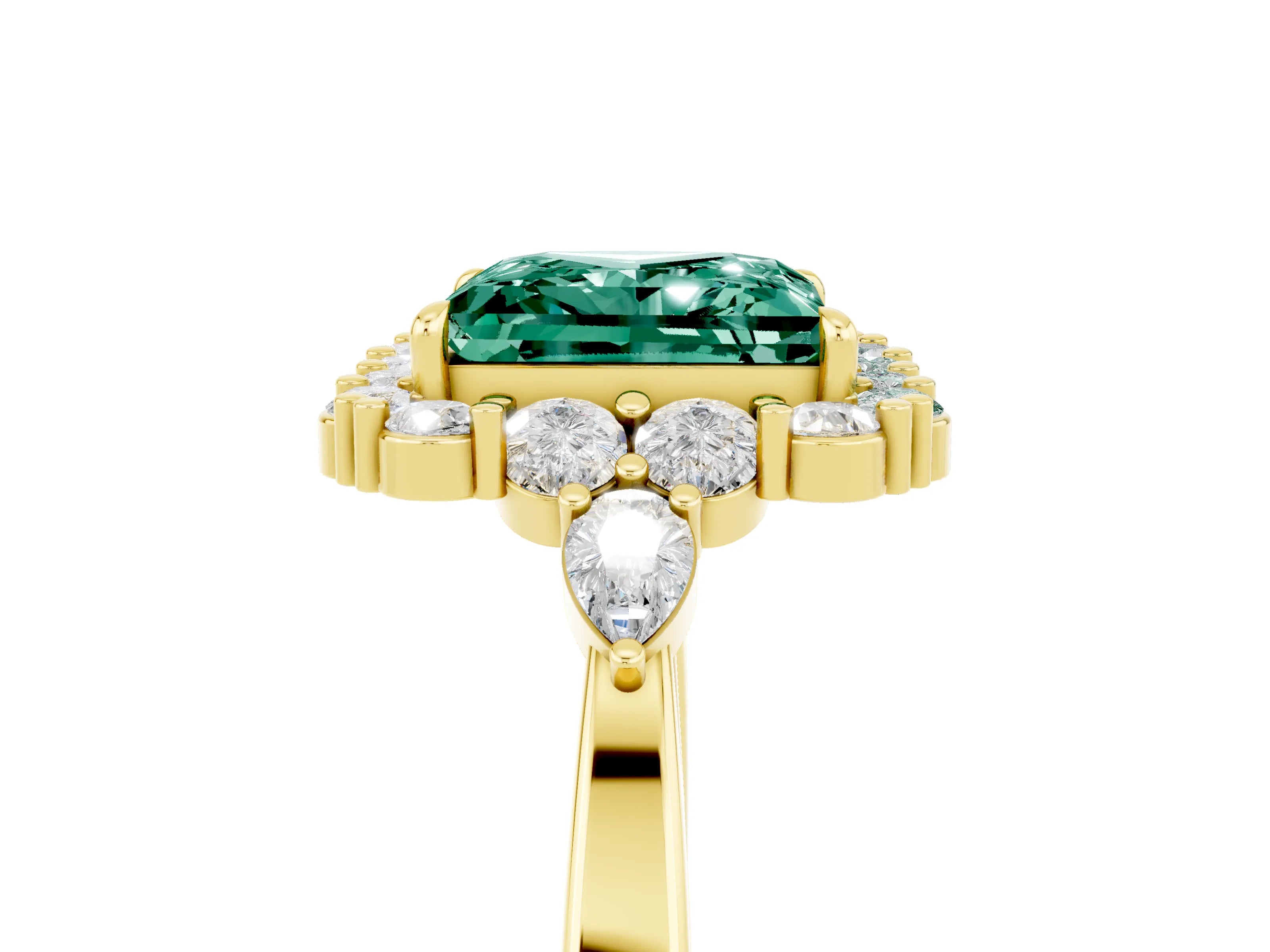 Yellow gold Princess Cut Green Sapphire Halo Ring with Pear Side Stones and Prong Setting_17