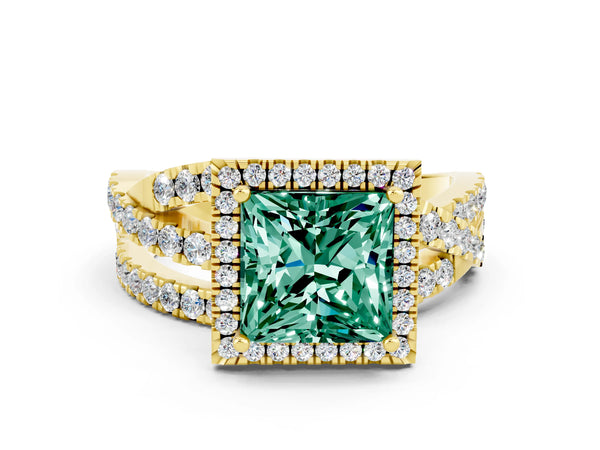 Yellow gold Princess Cut Green Sapphire Halo Ring with Round Split Shank and Prong Setting