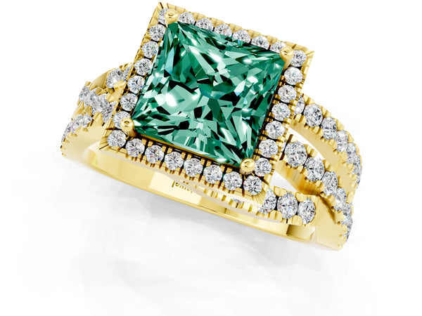 Yellow gold Princess Cut Green Sapphire Halo Ring with Round Split Shank and Prong Setting