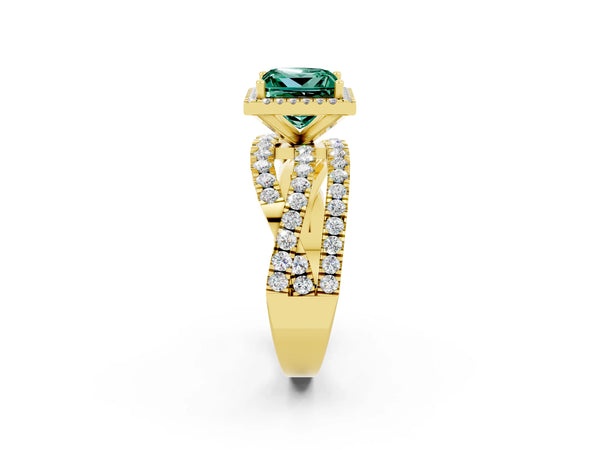Yellow gold Princess Cut Green Sapphire Halo Ring with Round Split Shank and Prong Setting