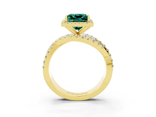Yellow gold Princess Cut Green Sapphire Halo Ring with Round Split Shank and Prong Setting