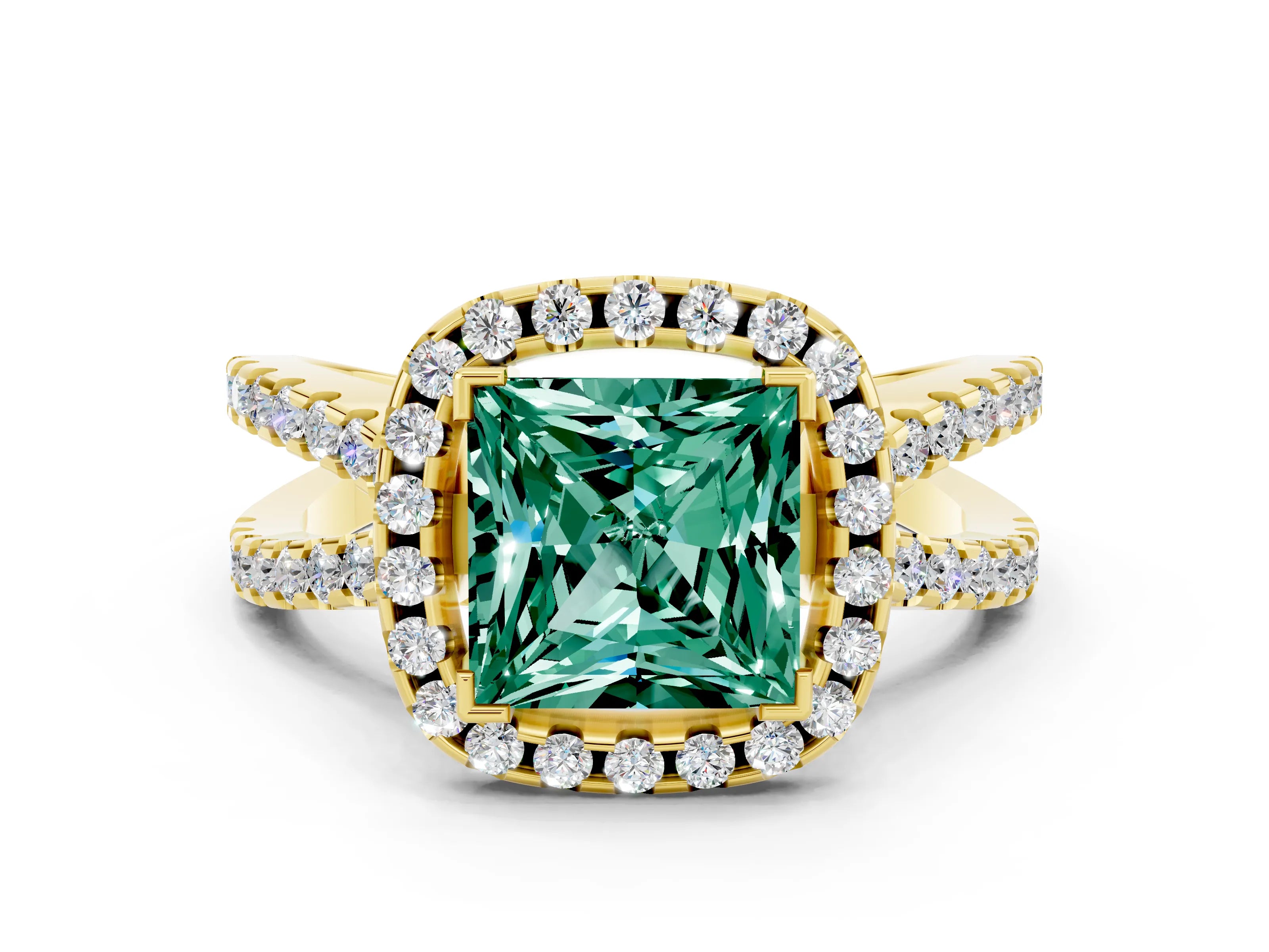 Yellow gold Princess Cut Green Sapphire Halo Ring with Split Shank Pavé Band and Prong Setting
