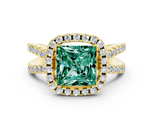 Yellow gold Princess Cut Green Sapphire Halo Ring with Split Shank Pavé Band and Prong Setting